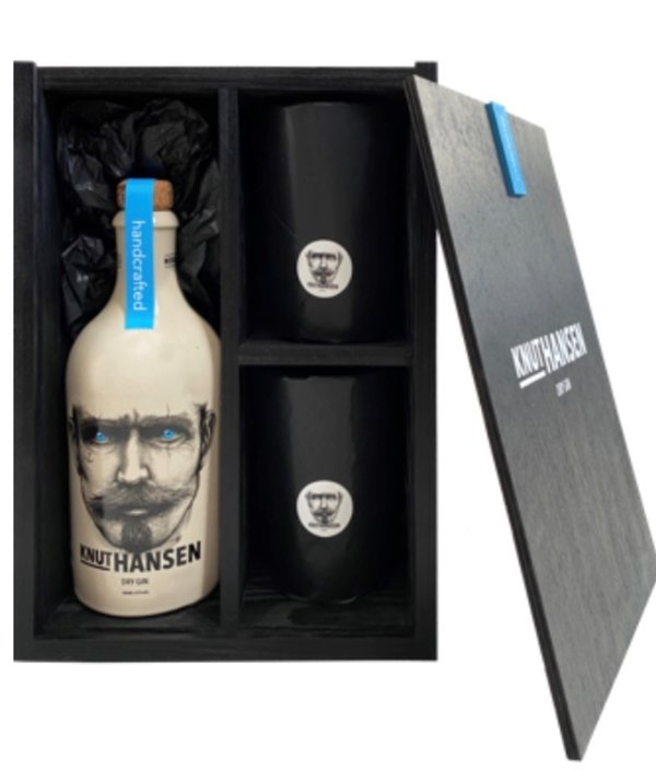 Knut Hansen Dry Gin 42% vol. 500 ml mit 2x Keramikbecher Holz Geschenkbox